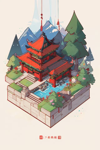 pagoda, garden, architecture, isometric, water, mountains, chinese, ancient, trees, isometric