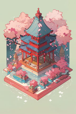 pagoda, garden, architecture, isometric, water, cherry blossoms, mountains, chinese, ancient, trees