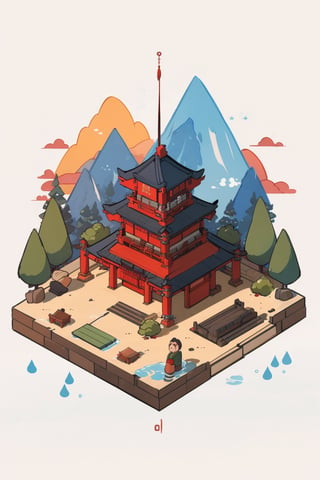 pagoda, mountains, garden, architecture, isometric, water, chinese, ancient, trees, japanese, korean, isometric