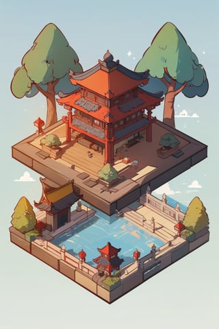 pagoda, garden, architecture, isometric, water, mountains, chinese, ancient, trees, isometric