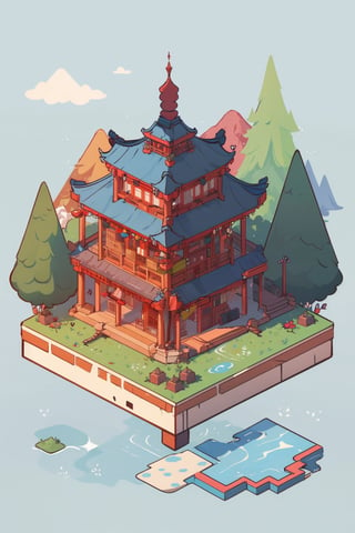 pagoda, mountains, garden, architecture, isometric, water, ancient, trees, isometric