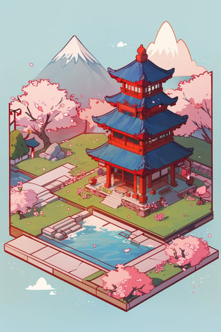 pagoda, garden, architecture, isometric, water, cherry blossoms, mountains, chinese, ancient, trees