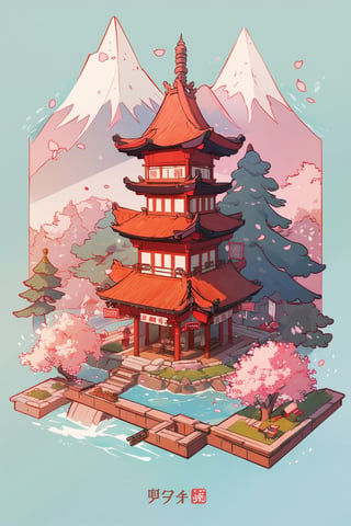 pagoda, garden, architecture, isometric, water, cherry blossoms, mountains, chinese, ancient, trees