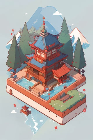 pagoda, mountains, garden, architecture, isometric, water, ancient, trees, isometric