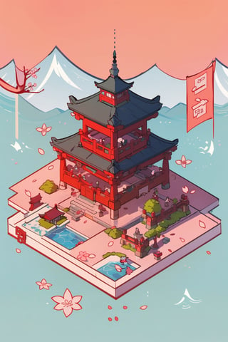 pagoda, garden, architecture, isometric, water, cherry blossoms, mountains, chinese, ancient, trees