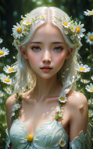 film grain, skin details, high detailed skin texture, 8k hdr,  glossy luminous fairy walking among white daisies, long white hair, delicate hyperdetailed pretty face, leaves and buttercups, fantasy, shine skin and hyperdetailed cute young face and anatomically correct fairy body , a 3D render, by Jason Chan, fantasy art,  diorama macro photography, with photorealistic lighting, hyper realistic ”, guweiz masterpiece, sakimichan frank franzzeta, paul barson, krenz cushart and wenjun lin, annie stegg gerard,style raw,ultra sharp focus, hyperrealism, photorealistic, 16k, unreal engine, ,NYFlowerGirl