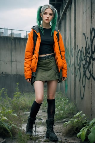 {{close-up portrait}}, A lonely 18yr old girl in a nuclear wasteland. Wearing a dark grey low rise miniskirt, low waist ultra high miniskirt, {{orange chunky knit croptop sweater}}, long military parka, {{{exposed tummy}}}, showing lots of thigh, bare legs, combat boots. jade green hair in pigtails, smudged dark gothic eye makeup. Concrete wall with Graffiti, The once thriving city now lies in ruins, with crumbling buildings and abandoned vehicles scattered amidst the desolation. Nature has started to reclaim the territory, with ((plants growing through cracks in the concrete)). The atmosphere is eerie, with a sense of loneliness and despair hanging in the air. The scene is bathed in a dark and moody light, emphasizing the post-apocalyptic setting. The girl's expression reflects her loneliness and the weight of the world she carries on her shoulders. The colors are muted, with a desaturated and faded palette, further enhancing the desolate mood of the scene., eyeliner, eyeshadow,DonMG414XL