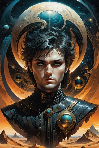 trippy book cover art work of Paul Artredes from Frank Herberts Dune Chronicals, psychedelic theme black around zoomed out, background composed of details, interactive image, highly detailed. Art by Clayton Crain, Stjepan Sejic, Shinichi Sakamoto, Tōru Naomura.