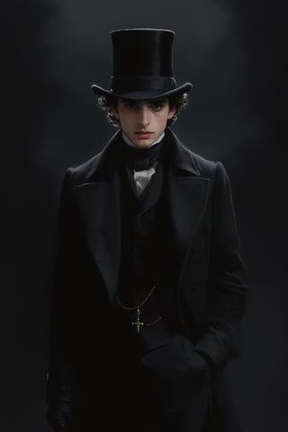 Timothée Chalamet, Austin Butler, (Masterpiece, Best quality), (exterior night, image of a man, thin with very marked cheekbones, an aquiline nose and penetrating gray eyes, wearing elegant Victorian-era clothing, black clothes, a very dark gray top hat, outside at night on the street of old London) (finely detailed eyes), (finely detailed eyes and detailed face), (Extremely detailed CG, Ultra detailed, Best shadow), Beautiful conceptual illustration, full body, (extremely fine and detailed), (Perfect details), (Depth of field),dark, sinister