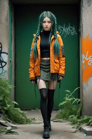 {{close-up portrait}}, A lonely 18yr old girl in a nuclear wasteland. Wearing a dark grey low rise miniskirt, low waist miniskirt, {{orange chunky knit croptop sweater}} and long military parka, {{{exposed tummy}}}, showing lots of thigh, bare legs, combat boots. dark green hair in twin pigtails, smudged dark gothic eye makeup. Concrete wall with Graffiti, The once thriving city now lies in ruins, with crumbling buildings and abandoned vehicles scattered amidst the desolation. Nature has started to reclaim the territory, with ((plants growing through cracks in the concrete)). The atmosphere is eerie, with a sense of loneliness and despair hanging in the air. The scene is bathed in a dark and moody light, emphasizing the post-apocalyptic setting. The girl's expression reflects her loneliness and the weight of the world she carries on her shoulders. The colors are muted, with a desaturated and faded palette, further enhancing the desolate mood of the scene., eyeliner, eyeshadow,DonMG414XL