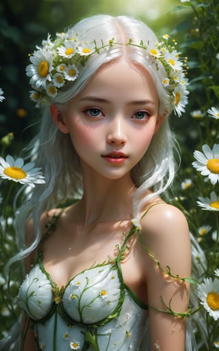 film grain, skin details, high detailed skin texture, 8k hdr,  glossy luminous fairy walking among white daisies, long white hair, delicate hyperdetailed pretty face, leaves and buttercups, fantasy, shine skin and hyperdetailed cute young face and anatomically correct fairy body , a 3D render, by Jason Chan, fantasy art,  diorama macro photography, with photorealistic lighting, hyper realistic ”, guweiz masterpiece, sakimichan frank franzzeta, paul barson, krenz cushart and wenjun lin, annie stegg gerard,style raw,ultra sharp focus, hyperrealism, photorealistic, 16k, unreal engine, ,NYFlowerGirl