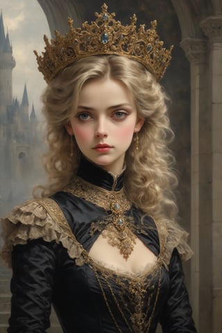 Elegantism, opulent scene, full portrait of a Victorian lady, heroic, black clothes, gold trim, castle, head and shoulders portrait, 8k resolution. (masterpiece, top quality, best quality, official art, beautiful and aesthetic:1.2), (1girl:1.4), upper body, blonde hair, portrait, extreme detailed, 