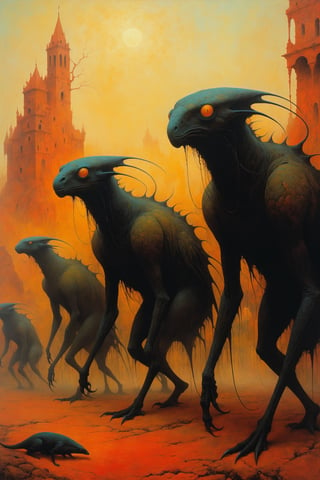 a painting in style of zdzislaw beksinski, reddish and yellowish background, undefined creatures in the foreground