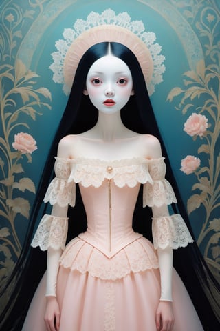 {{full_body}}, Oil painting of an 18 year old girl with a ghostly white face,  wearing a white lace off the shoulder basque, upper body, huge round eyes, super small nose and mouth, pale pink lips, extra long straight black hair, soft color, dreamlike, surrealism, plain graduated pale background, intricate details, 3D rendering, octane rendering. Art in pop surrealism lowbrow creepy cute style. Inspired by Ray Caesar. Vintage art, {{{art deco pattern background}}}, opaque colors, light grain, indirect lighting.