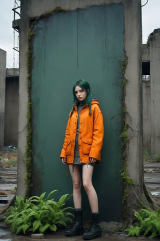 {{close-up portrait}}, A lonely 18yr old girl in a nuclear wasteland. Wearing a dark grey low rise miniskirt, low waist ultra high miniskirt, {{orange chunky knit croptop sweater}} and long military parka, {{{exposed tummy}}}, showing lots of thigh, bare legs, combat boots. dark green hair in twin pigtails, smudged dark gothic eye makeup. Concrete wall with Graffiti, The once thriving city now lies in ruins, with crumbling buildings and abandoned vehicles scattered amidst the desolation. Nature has started to reclaim the territory, with ((plants growing through cracks in the concrete)). The atmosphere is eerie, with a sense of loneliness and despair hanging in the air. The scene is bathed in a dark and moody light, emphasizing the post-apocalyptic setting. The girl's expression reflects her loneliness and the weight of the world she carries on her shoulders. The colors are muted, with a desaturated and faded palette, further enhancing the desolate mood of the scene., eyeliner, eyeshadow,DonMG414XL