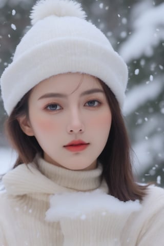 (ultra best quality, in 8K, masterpiece, delicate illustration), perfect body,((large breasts:1.2)),(fashion clothing),wearing a Beanie,Wear gloves,dynamic posture, many hairstyles, beautiful face, slim body, red lips, big blue eyes, Soft smile, better_hands, (snow background),studio lighting, side view