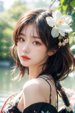 1girl, solo,big breasts, upper body, black hair, hair ornament, closed mouth, flower, japanese clothes, hair flower, kimono, blurry, lips, eyelashes, depth of field, butterfly, blurry foreground, water drop, realistic, nose, red lips,1 girl,Young beauty spirit ,chinatsumura,Soojin 