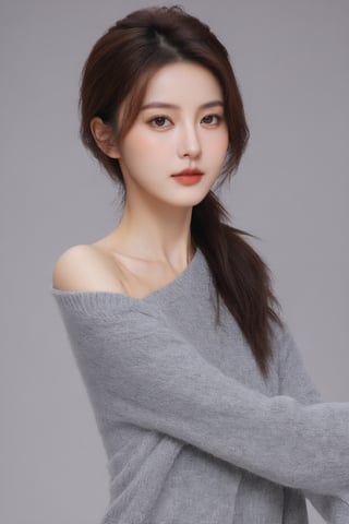 (ultra best quality, in 8K, masterpiece, delicate illustration), perfect body,((large breasts:1.2)),((warm clothing)),dynamic posture, many hairstyles, beautiful face, slim body, red lips, big brown eyes, Soft smile, better_hands, (gray simple background), side view