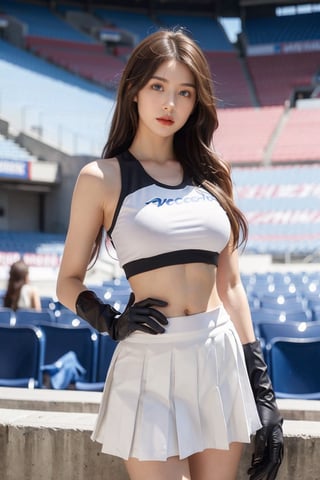 1girl, long hair, breasts, looking at viewer, blue eyes, skirt, brown hair, shirt, gloves, navel, holding, bare shoulders, (large breasts), standing, pleated skirt, sleeveless, solo focus, black gloves, midriff, miniskirt, lips, crop top, white skirt, clothes writing, cheerleader, crowd, stadium