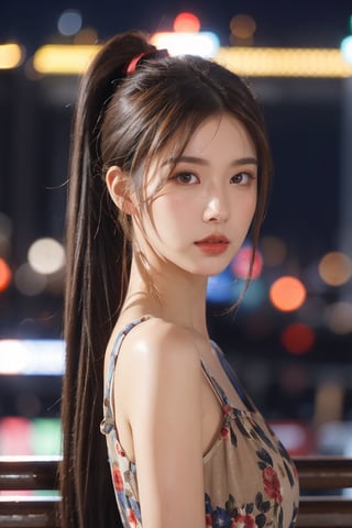 1girl, solo, long hair, looking at viewer, brown hair, black hair, brown eyes, upper body, ponytail, blurry, lips, night, depth of field, blurry background, city, realistic, bokeh, city lights