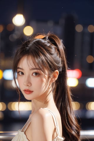 1girl, solo, long hair, looking at viewer, brown hair, black hair, brown eyes, upper body, ponytail, blurry, lips, night, depth of field, blurry background, city, realistic, bokeh, city lights