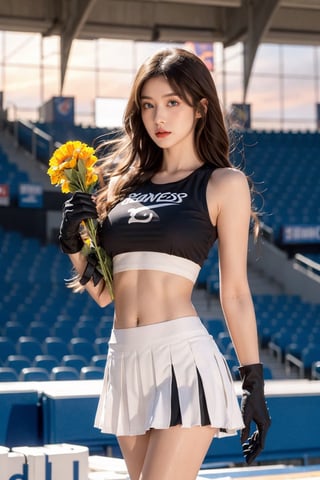 1girl, long hair, breasts, looking at viewer, blue eyes, skirt, brown hair, shirt, gloves, navel, holding, bare shoulders, (large breasts), standing, pleated skirt, sleeveless, solo focus, black gloves, midriff, miniskirt, lips, crop top, white skirt, clothes writing, cheerleader, crowd, stadium, ((sunset))