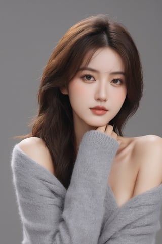 (ultra best quality, in 8K, masterpiece, delicate illustration), perfect body,((large breasts:1.2)),((warm clothing)),dynamic posture, many hairstyles, beautiful face, slim body, red lips, big brown eyes, Soft smile, better_hands, (gray simple background), side view