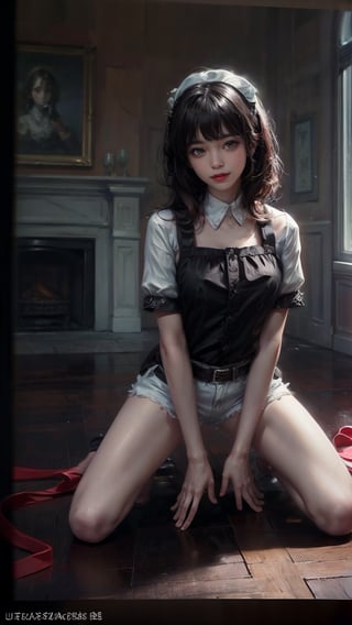 female, ((masterpiece, best quality, ultra detailed, absurdres):1.5), 1girl, sit, floor, savage style, bangs,beautiful, black hair, evil, maid_costume, bare legs,skinny legs,kneel down,spread legs,hehe,shorts
(brilliant composition)