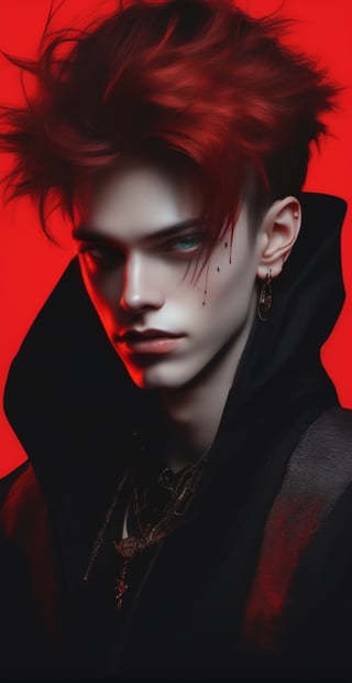 (score_9, score_8_up, score_7_up), zPDXL, solo, looking at viewer, smile, short hair, simple background, black hair, red eyes, 1boy, jewelry, jacket, upper body, male focus, red hair, earrings, teeth, black jacket, blood, glowing, sharp teeth, red background, colored sclera, black sclera,BioPunky:0.8