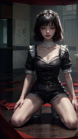 female, ((masterpiece, best quality, ultra detailed, absurdres):1.5), 1girl, sit, floor, bangs,beautiful, black hair, evil, maid_costume, bare legs,skinny legs,kneel down,spread legs,hehe,shorts