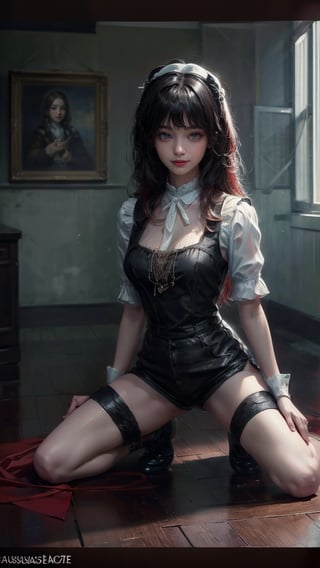 female, ((masterpiece, best quality, ultra detailed, absurdres):1.5), 1girl, sit, floor, savage style, bangs,beautiful, black hair, evil, maid_costume, bare legs,skinny legs,kneel down,spread legs,hehe,shorts