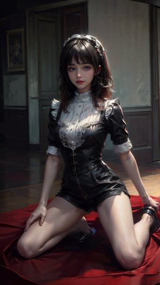 female, ((masterpiece, best quality, ultra detailed, absurdres):1.5), 1girl, sit, floor, bangs,beautiful, black hair, evil, maid_costume, bare legs,skinny legs,kneel down,spread legs,hehe,shorts