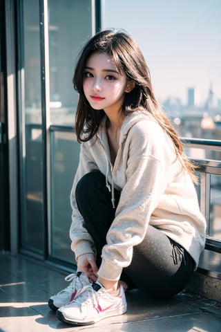 (((masterpiece))), top quality, (beautiful and delicate girl), beautiful and delicate light, (beautiful and delicate eyes), mysterious smile, (brown eyes), (dark black long hair), medium breasts, female 1, frontal shot, Korean, soft expression, tall, white hoodie crop-top, black yoga pants, sneakers, half body shot, city view from hill,