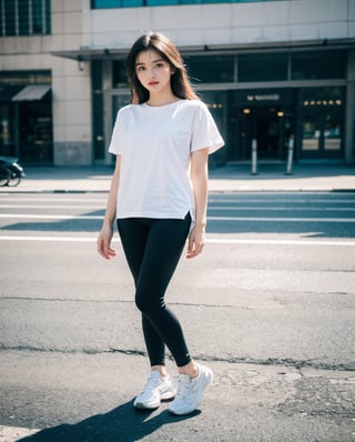 (RAW photo, best quality), (realistic, photo-Realistic), best quality, masterpiece, beautiful and aesthetic, 16K, (HDR), high contrast, (vibrant color),

ous hair,

full body photo, wearing white t-shirt, black leggings, sneakers, posing in front of downtown