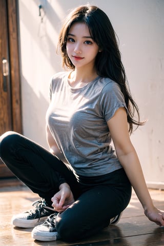 (((masterpiece))), top quality, (beautiful and delicate girl), beautiful and delicate light, (beautiful and delicate eyes), mysterious smile, (brown eyes), (dark black long hair), medium breasts, female 1, frontal shot, Korean, soft expression, tall, grey t-shirt, black yoga pants, sneakers, half body shot,