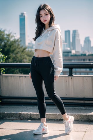 (((masterpiece))), top quality, (beautiful and delicate girl), beautiful and delicate light, (beautiful and delicate eyes), mysterious smile, (brown eyes), (dark black long hair), medium breasts, female 1, frontal shot, Korean, soft expression, tall, white hoodie crop-top, black yoga pants, sneakers, half body shot, city view from hill,