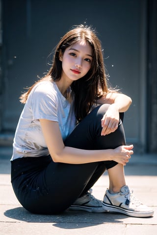 (((masterpiece))), top quality, (beautiful and delicate girl), beautiful and delicate light, (beautiful and delicate eyes), mysterious smile, (brown eyes), (dark black long hair), medium breasts, female 1, frontal shot, Korean, soft expression, tall, grey t-shirt, black yoga pants, sneakers, half body shot,