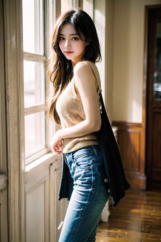 (((masterpiece))), top quality, (beautiful and delicate girl), beautiful and delicate light, (beautiful and delicate eyes), mysterious smile, (brown eyes), (dark black long hair), medium breasts, female 1, frontal shot, Korean, soft expression, tall, cardigan, sleeveless knit, jeans, sneakers, half body shot,