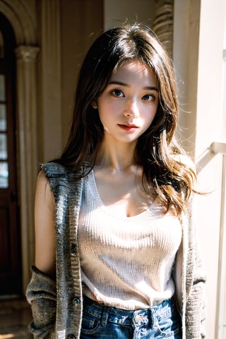 (((masterpiece))), top quality, (beautiful and delicate girl), beautiful and delicate light, (beautiful and delicate eyes), mysterious smile, (brown eyes), (dark black long hair), medium breasts, female 1, frontal shot, Korean, soft expression, tall, cardigan, sleeveless knit, jeans, sneakers, half body shot,