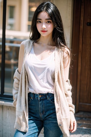 (((masterpiece))), top quality, (beautiful and delicate girl), beautiful and delicate light, (beautiful and delicate eyes), mysterious smile, (brown eyes), (dark black long hair), medium breasts, female 1, frontal shot, Korean, soft expression, tall, cardigan, sleeveless knit, jeans, sneakers, half body shot,