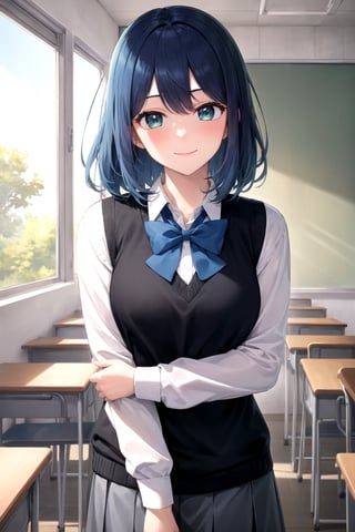 akane-kurokawa, 1girl, solo, masterpiece, ((ultra-detailed)),  high_res, dark blue hair, blue highlights, green_blue eyes, smile, blush, closed mouth, white shirt, long sleeves shirt, black vest sweater, blue bowtie, grey skirt, classroom, bluesky, looking at the viewer 