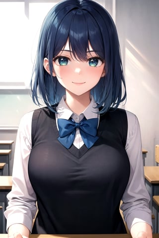 akane-kurokawa, 1girl, solo, masterpiece, ((ultra-detailed)),  high_res, dark blue hair, blue highlights, green_blue eyes, smile, blush, closed mouth, white shirt, long sleeves shirt, black vest sweater, blue bowtie, grey skirt, classroom, bluesky, looking at the viewer 