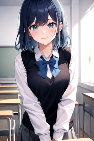 akane-kurokawa, 1girl, solo, masterpiece, ((ultra-detailed)),  high_res, dark blue hair, blue highlights, green_blue eyes, smile, blush, closed mouth, white shirt, long sleeves shirt, black vest sweater, blue bowtie, grey skirt, classroom, bluesky, looking at the viewer 