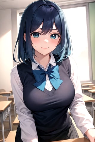 akane-kurokawa, 1girl, solo, masterpiece, ((ultra-detailed)),  high_res, dark blue hair, blue highlights, green_blue eyes, smile, blush, closed mouth, white shirt, long sleeves shirt, black vest sweater, blue bowtie, grey skirt, classroom, bluesky, looking at the viewer 