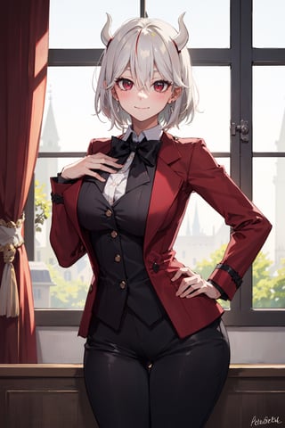 Room, Window, castle, (Ultra Detailed), Masterpiece, Breasts, Best Quality, Aesthetic, Detailed, Solo, Soft Smile, Light Smile, 1 Girl, red eyes, short hair, (white hair), hair between eyes, sensual, big breasts, shaped chest, 1 girl, different poses, blush, perfect hands, perfect fingers, (curvy), wide hips, (perfect anatomy of hands and fingers), (front stop), (beelzebub), eyelashes, earclip, horns , shirt, formal, suit, bow tie, jacket, red jacket, pants, black vest, (collared shirt), free poses, hands on hip