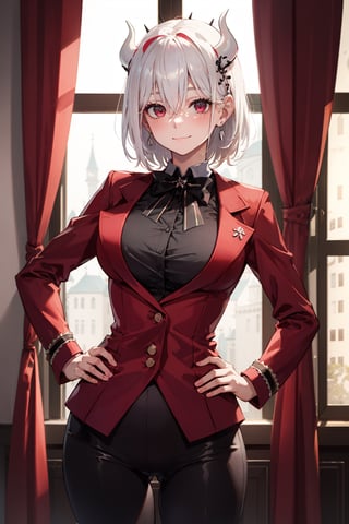 Room, Window, castle, (Ultra Detailed), Masterpiece, Breasts, Best Quality, Aesthetic, Detailed, Solo, Soft Smile, Light Smile, 1 Girl, red eyes, short hair, (white hair), hair between eyes, sensual, big breasts, shaped chest, 1 girl, different poses, blush, perfect hands, perfect fingers, (curvy), wide hips, (perfect anatomy of hands and fingers), (front stop), (beelzebub), eyelashes, earclip, horns , shirt, formal, suit, bow tie, jacket, red jacket, pants, black vest, (collared shirt), free poses, ((hands on hip))