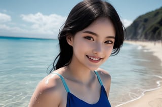 {{best quality}}, {{masterpiece}}, {{ultra-detailed}}, {illustration}, {detailed light}, {an extremely delicate and beautiful},A twenty-year-old woman,blue swimsuit,beach,play with water,smile