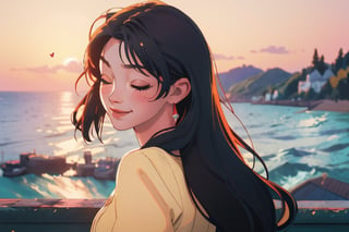 {{best quality}}, {{masterpiece}}, {{ultra-detailed}}, {illustration}, {detailed light}, {an extremely delicate and beautiful},A twenty-year-old woman novel writer, Light yellow dress, seaside, sunset,Looking back sideways,focus on face,Close eyes, happy_valentine,photorealistic,girl