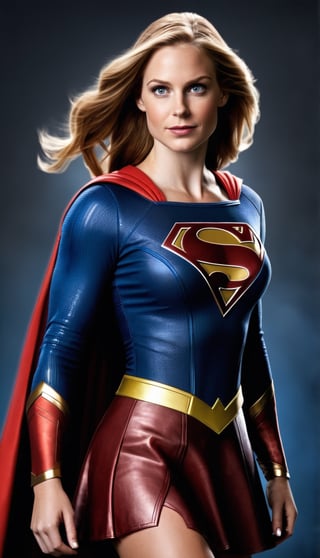 a white women with reddish brown hair dressed like Supergirl. 