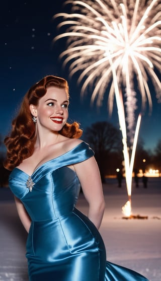 Standing in a park at night, in the snow, watching an amazing fireworks display, celebrating New Years. a stunningly beautiful 1950s girl with a cute round face long reddish brown hair looking happy, huge large sized breasts and a tiny waist, in her early 20s, wearing a blue shiny satin mermaid dress.